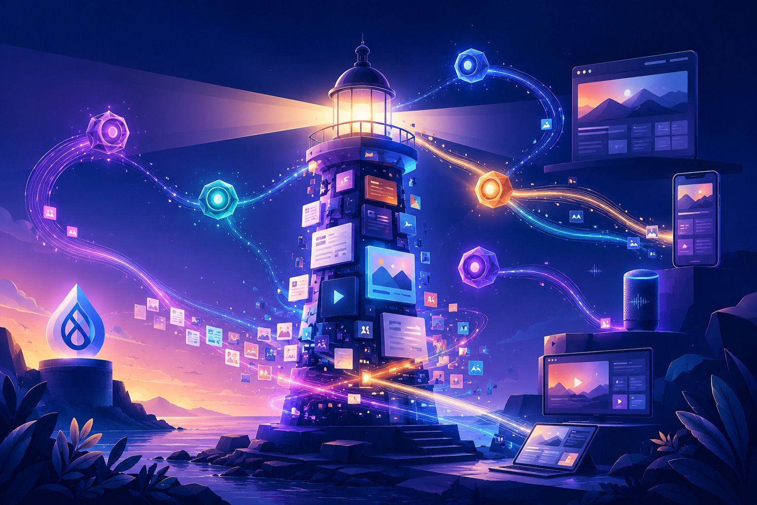 Architecture de nœuds et connexions représentant un système de contenu découplé et distribué